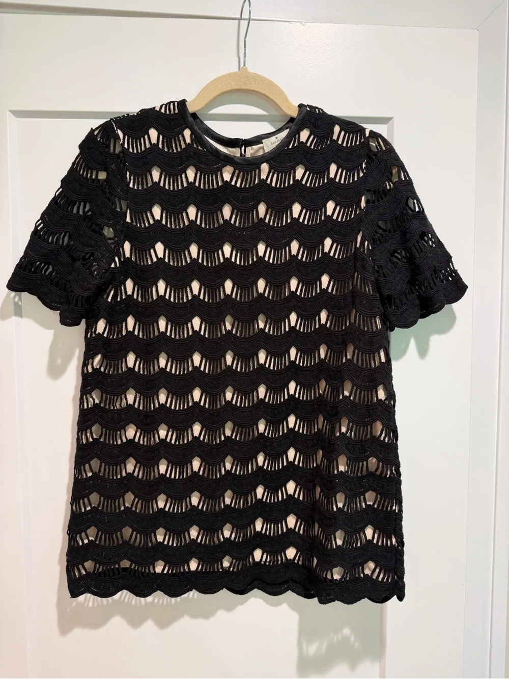 like New kate spade Black Scalloped Crochet Overlay Short Sleeve Top Medium